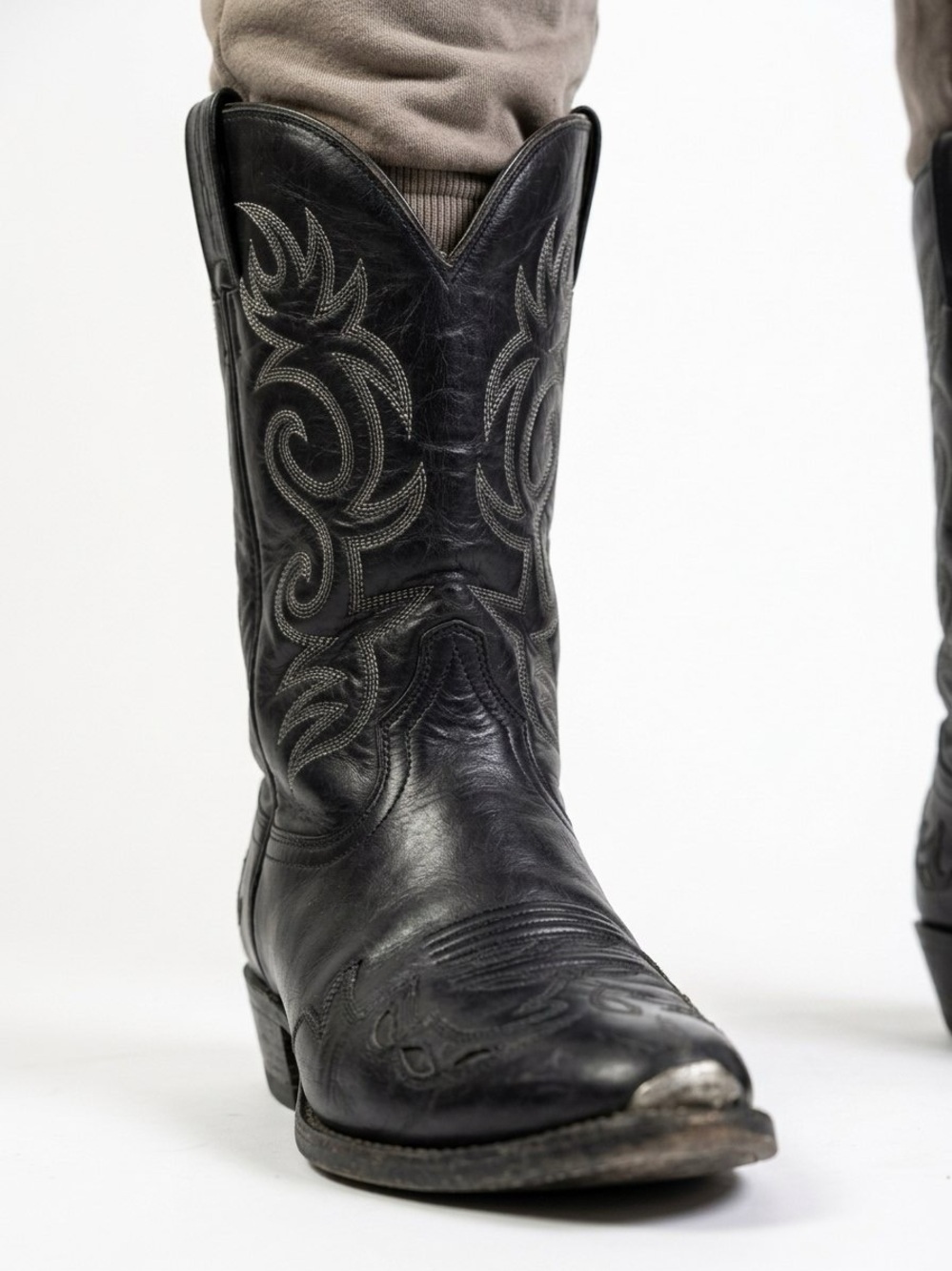 BOULET Black Leather Embroidered Cowboy Boots Size 8.5 Wide Men's